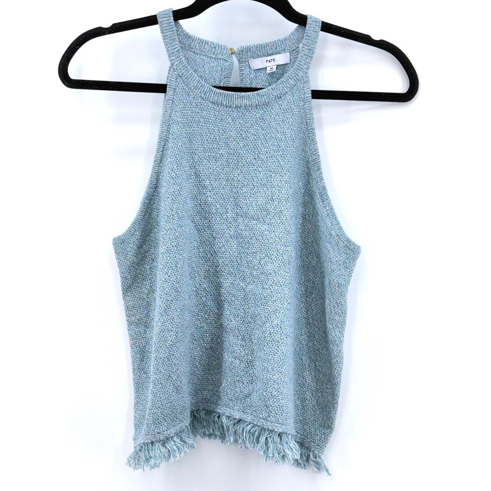 Boho Fringe Knit Halter Top - Pale Blue Sleeveless Cropped Festival Tank, Fate M